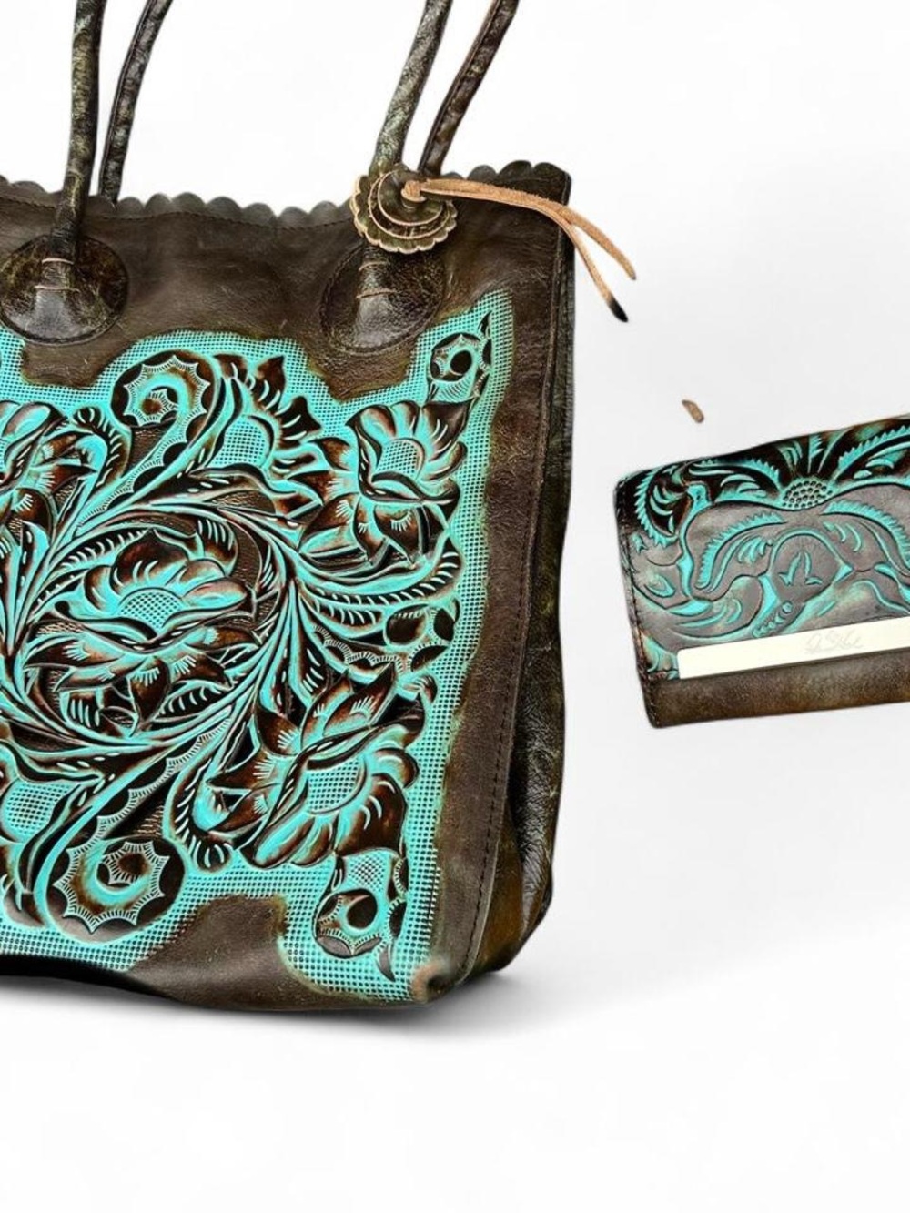 Patricia Nash Turquoise Floral rTooled Leather Tote with wallet - Picture 2 of 11